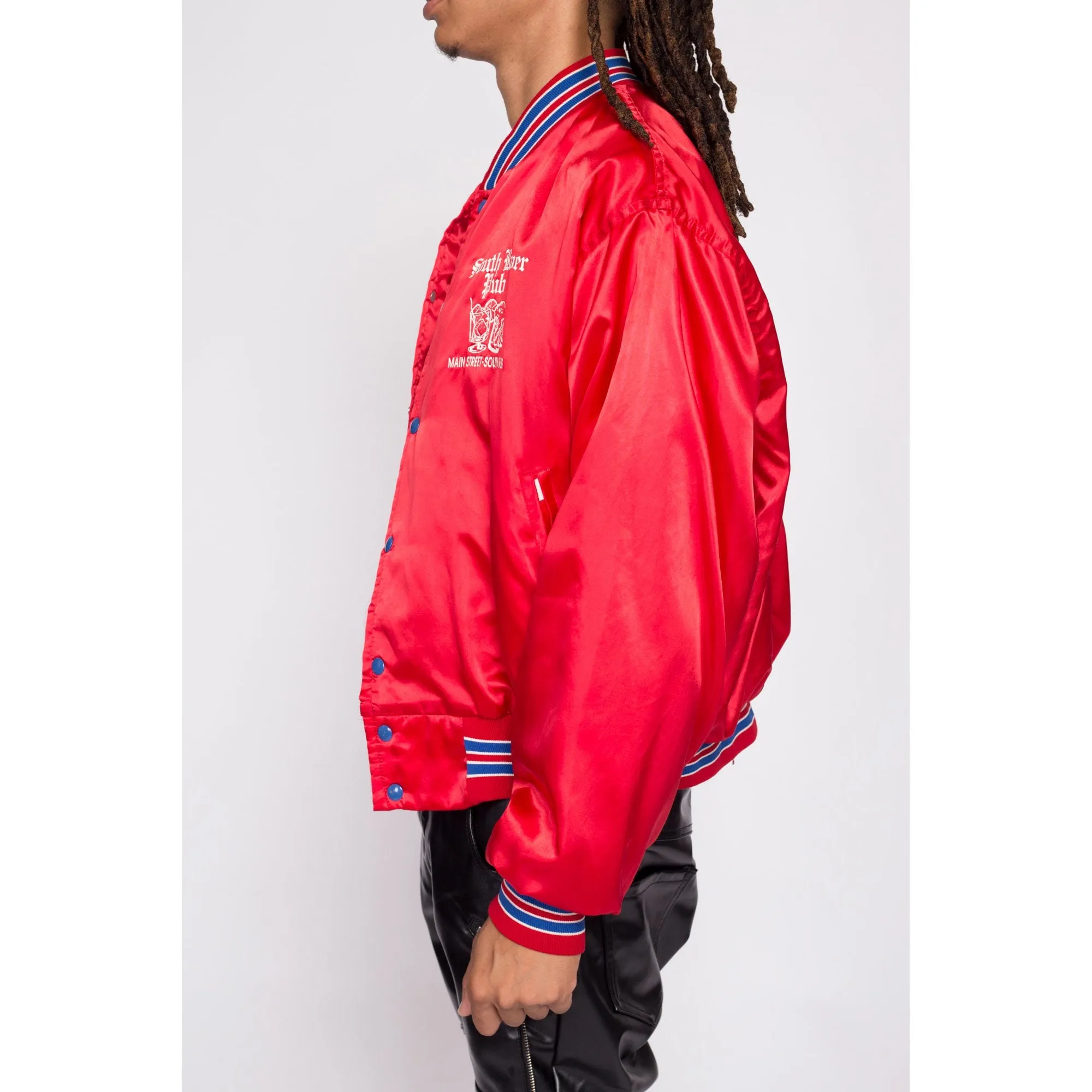 80s South River Pub Red Satin Bomber Jacket - Men's XL