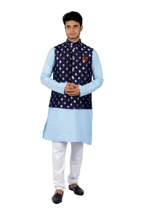 Aham Vayam's Blue Cotton Utsav Embroidered Kurta  BANDI Set- Rent