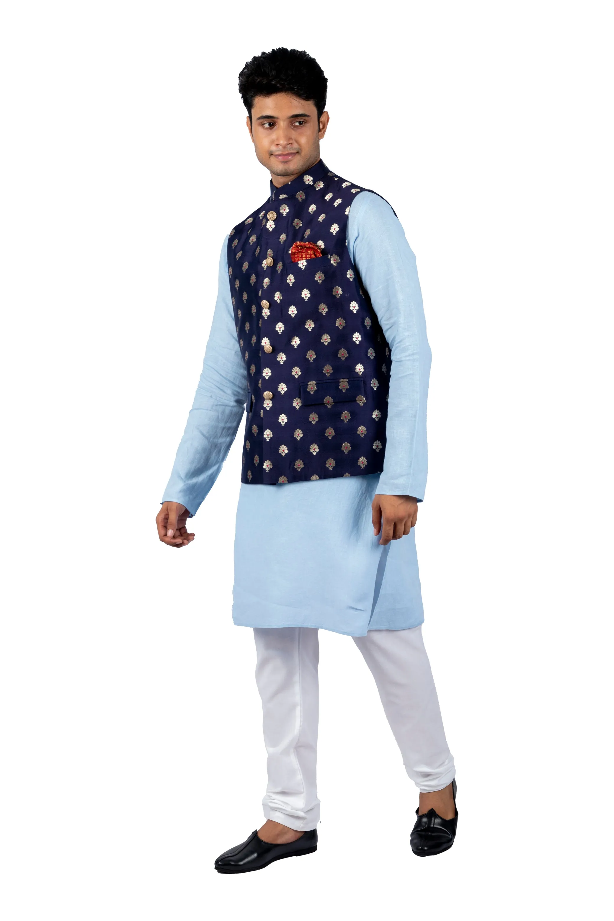 Aham Vayam's Blue Cotton Utsav Embroidered Kurta  BANDI Set- Rent