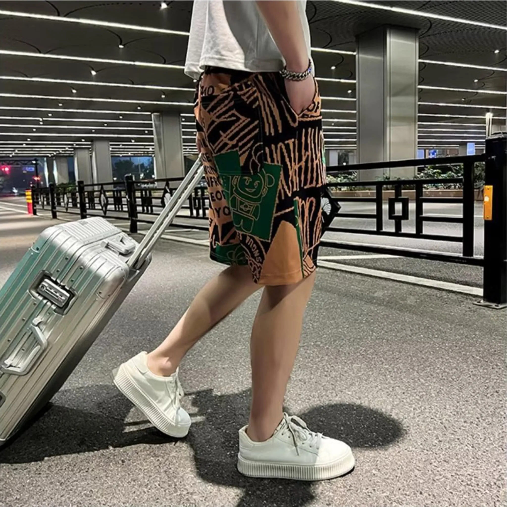 Beige printed quick-dry beach shorts for men