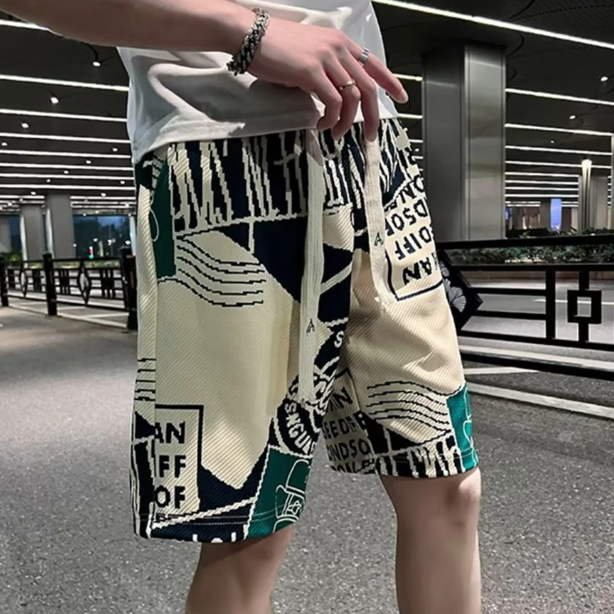 Beige printed quick-dry beach shorts for men