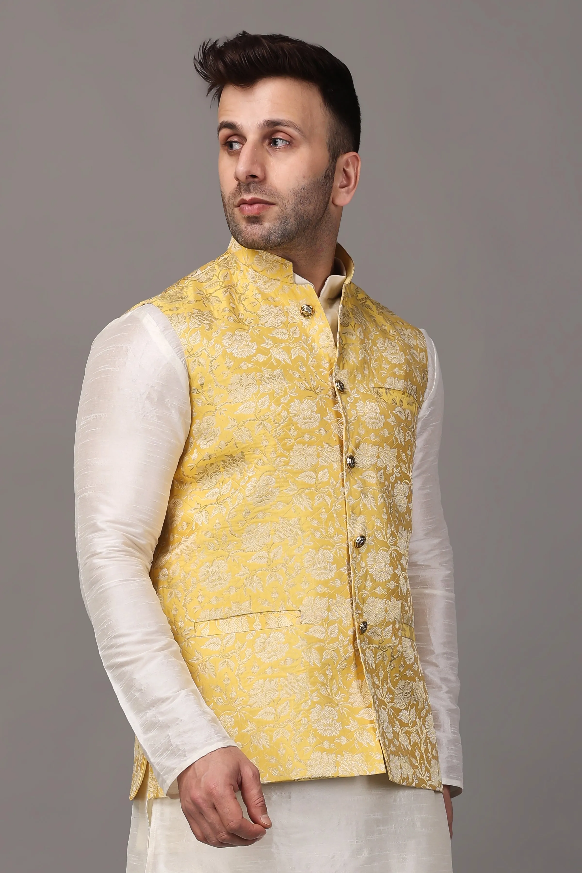 Brocade Yellow Kurta Vasket Set