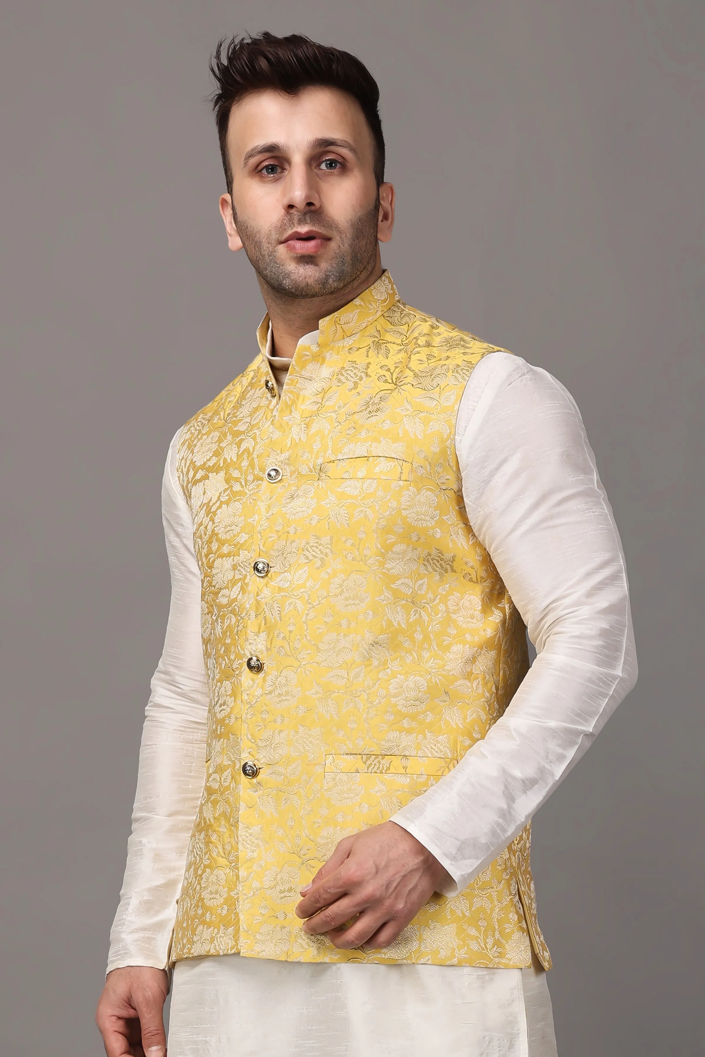 Brocade Yellow Kurta Vasket Set