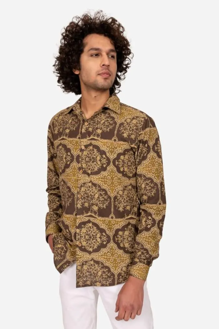 Brown And  Mustard Ajrakh Printed Cotton Shirt