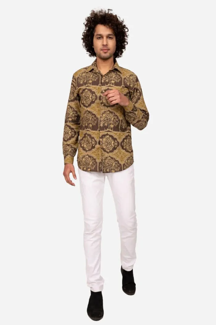 Brown And  Mustard Ajrakh Printed Cotton Shirt