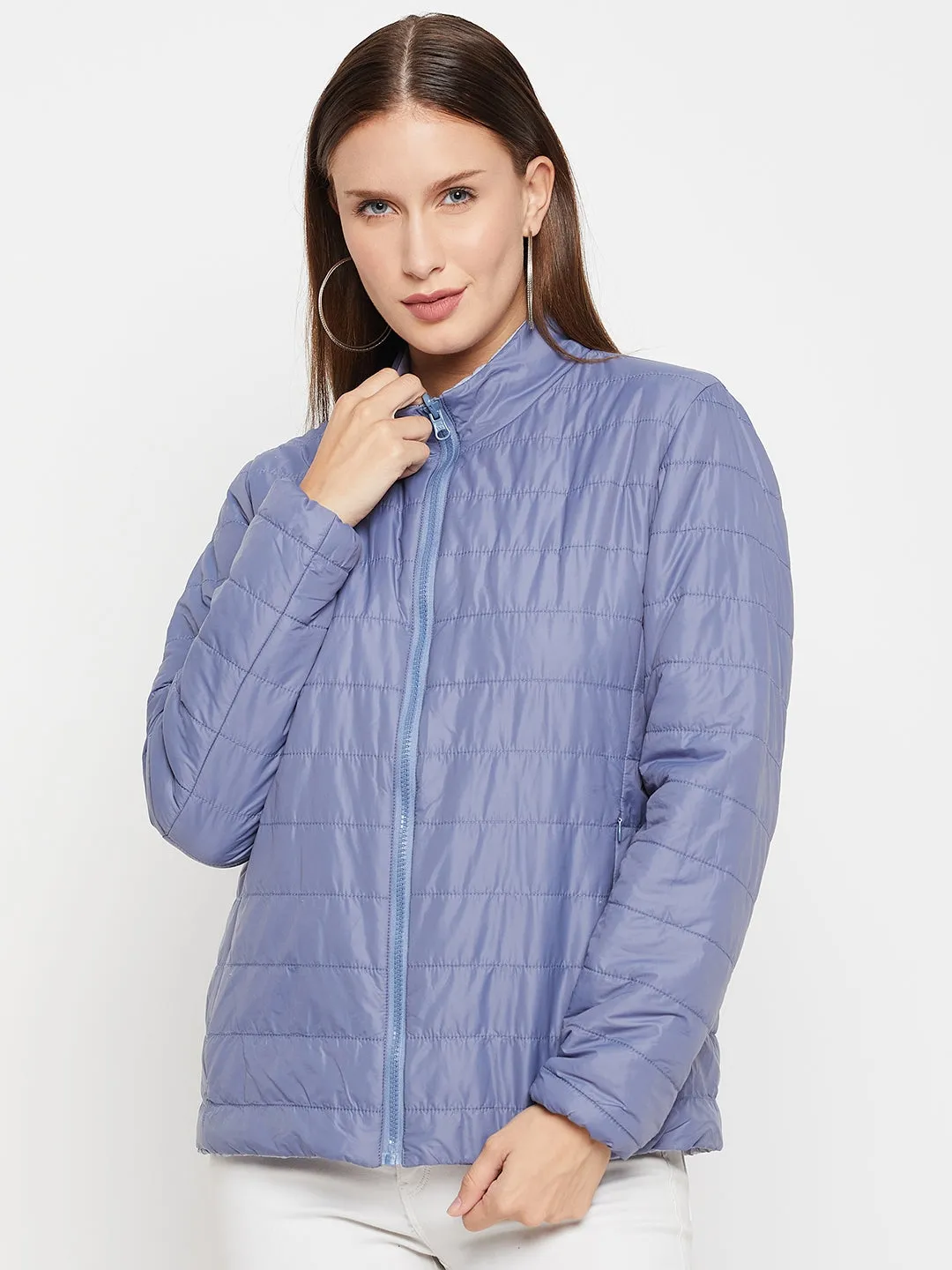 Cantabil Blue Full Sleeves Mock Collar Casual Reversible Jacket for Women