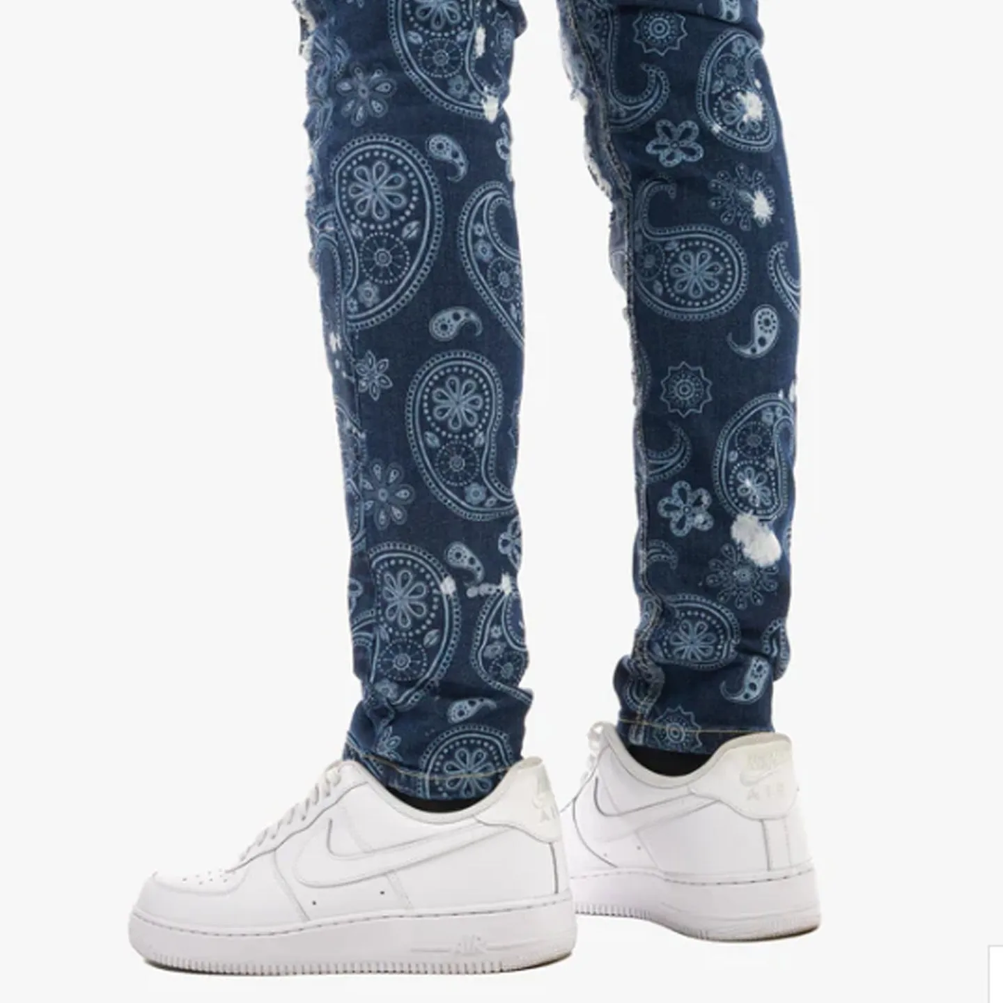 Copper Rivet Ripped Paisley Slim Jean (Dark Blue)