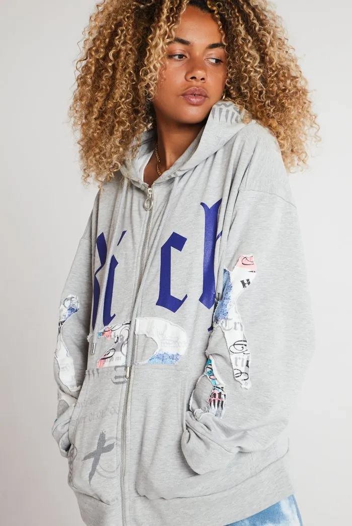 Distressed Jersey Print Oversized Zip Through Hoodie