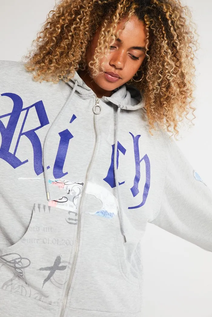 Distressed Jersey Print Oversized Zip Through Hoodie