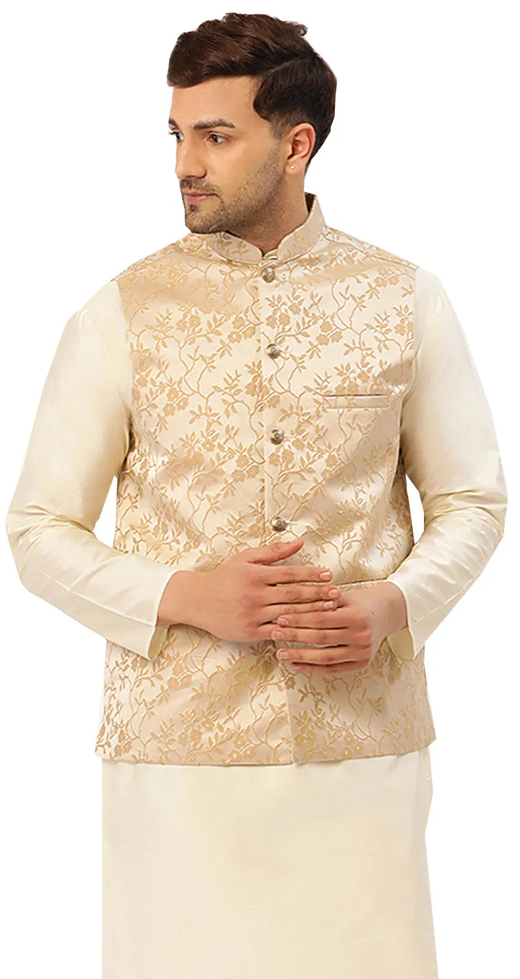 Exquisite Nehru Jacket for Men - Elegant Floral Design (Beige)