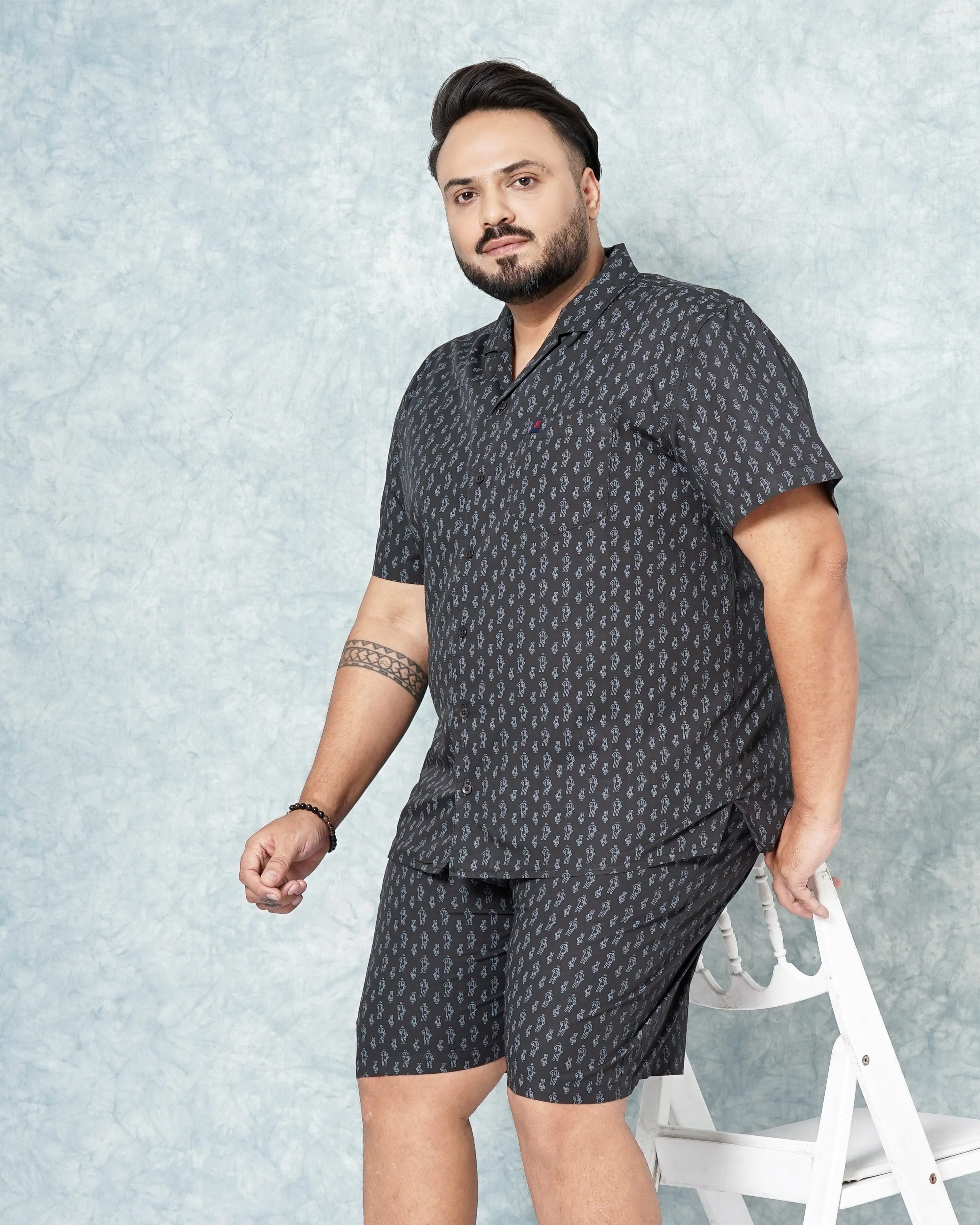 Hardsoda Men Black Plus Size Geometric Printed Lounge Set