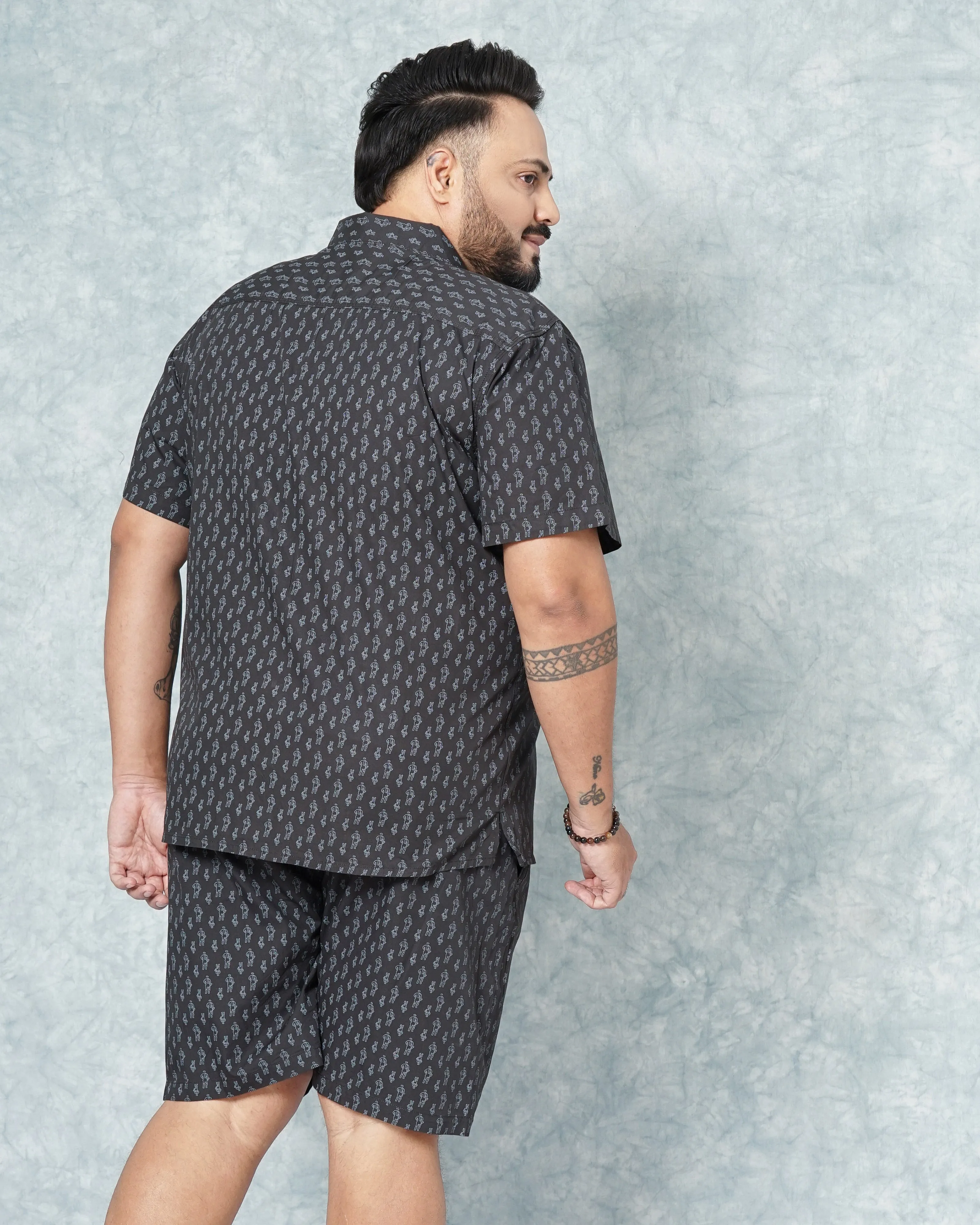 Hardsoda Men Black Plus Size Geometric Printed Lounge Set