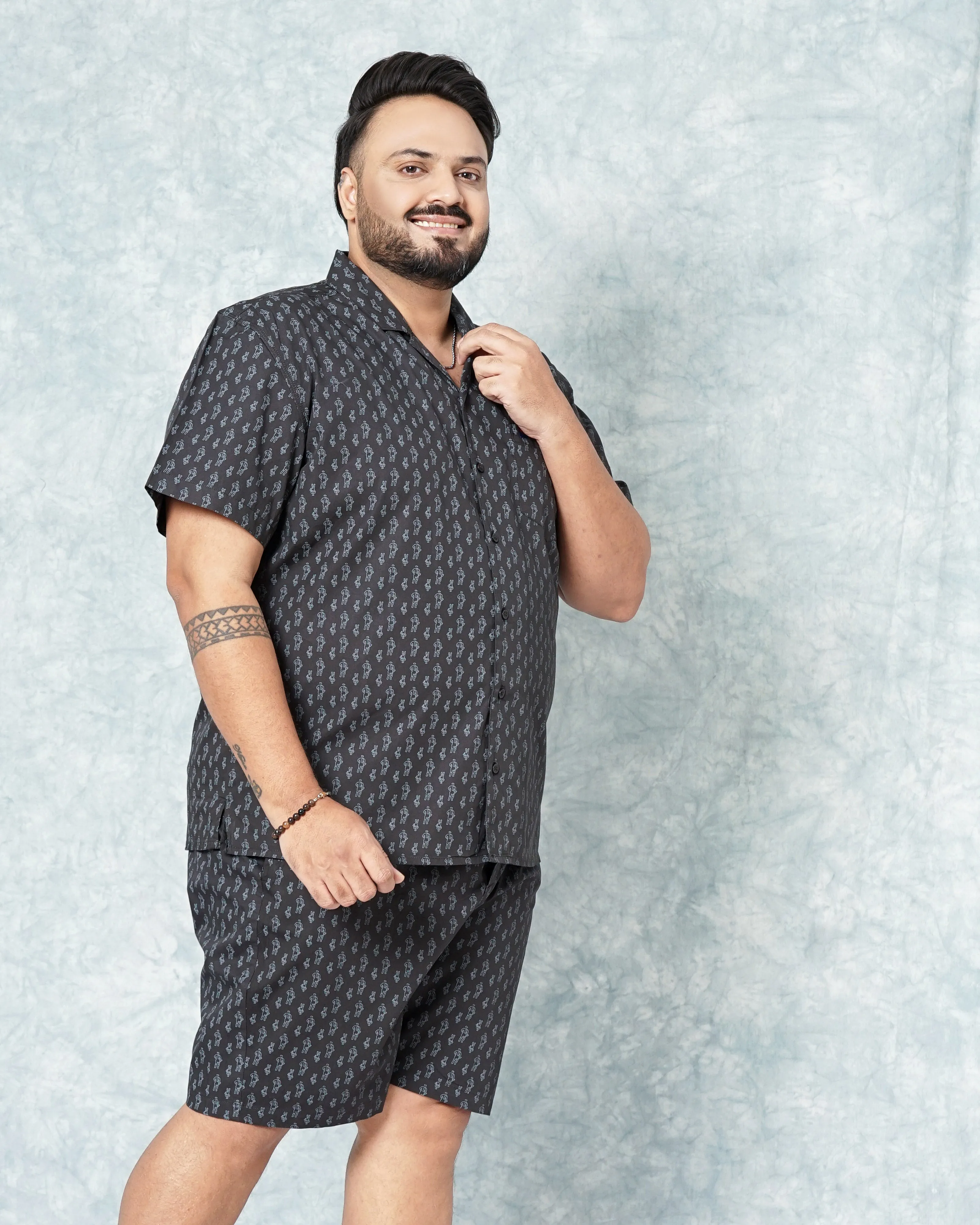 Hardsoda Men Black Plus Size Geometric Printed Lounge Set