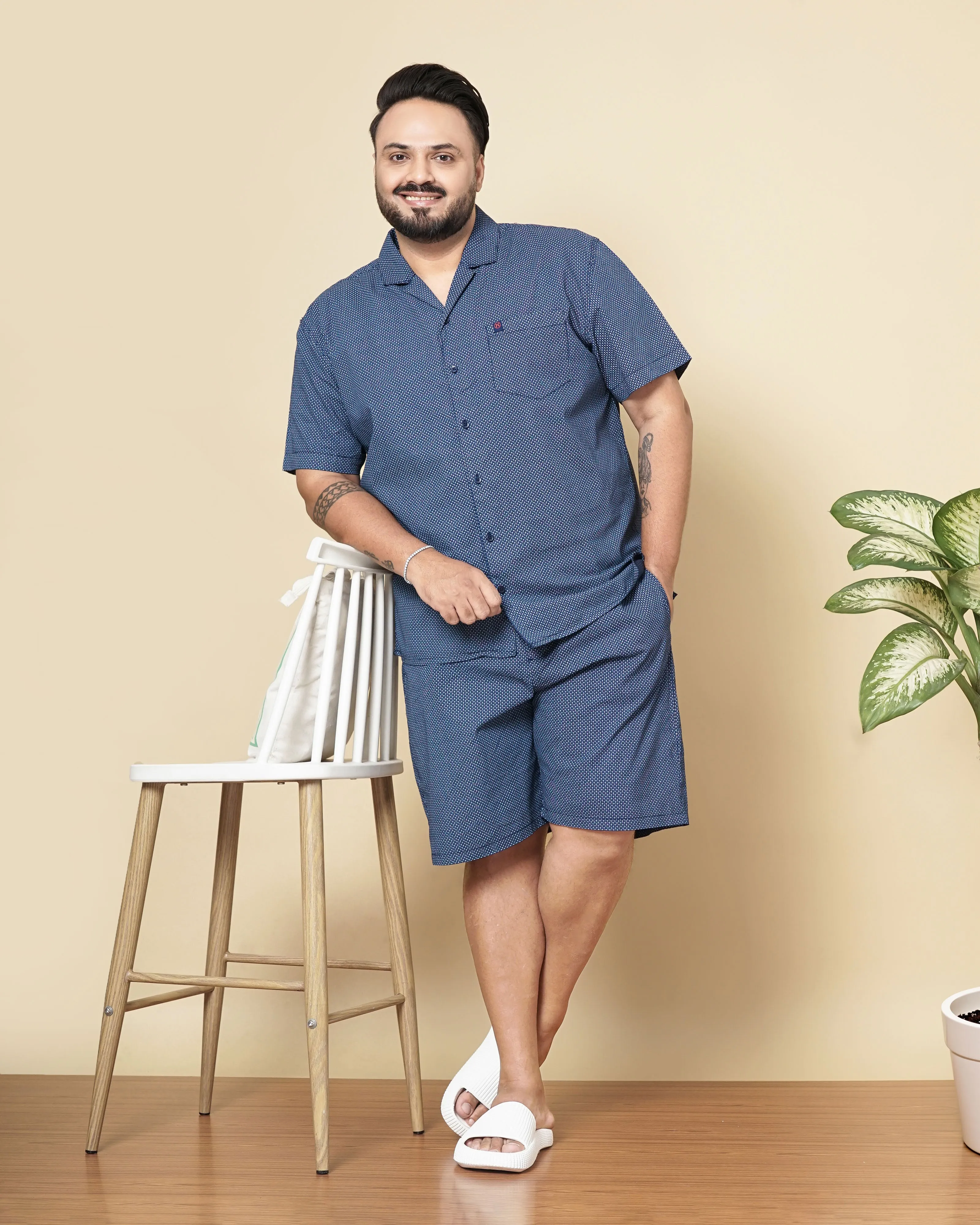 Hardsoda Men Navy Blue Plus Size Geometric Printed Lounge Set