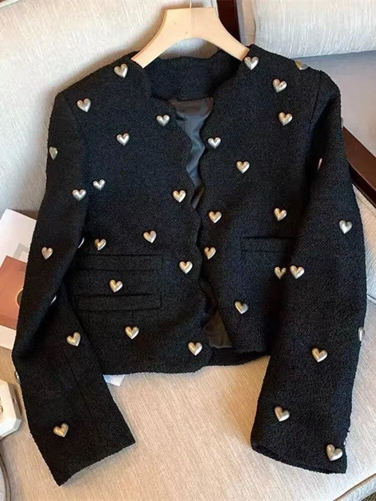 Hearts Pattern Black Wool Tweed Jacket Women