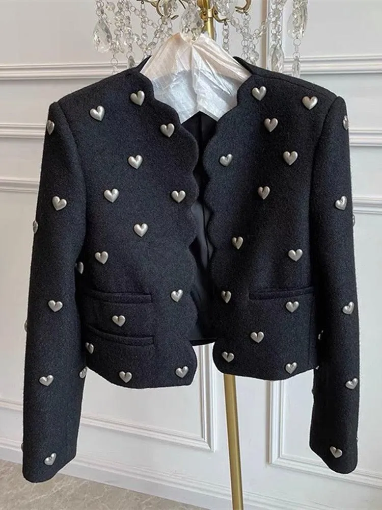 Hearts Pattern Black Wool Tweed Jacket Women