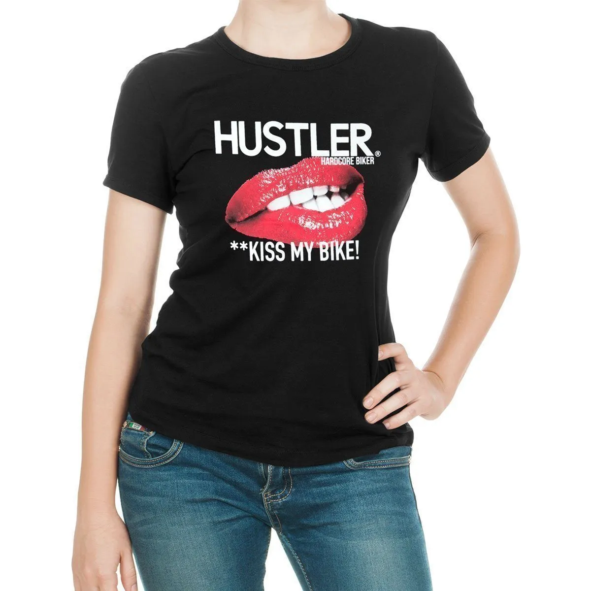 Ladies Officially Licensed Hustler HST-770 'Kiss My Bike' Black Tee