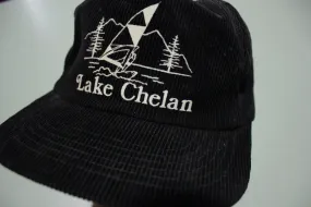 Lake Chelan Corduroy Black Vintage 80's Adjustable Back Snapback Hat