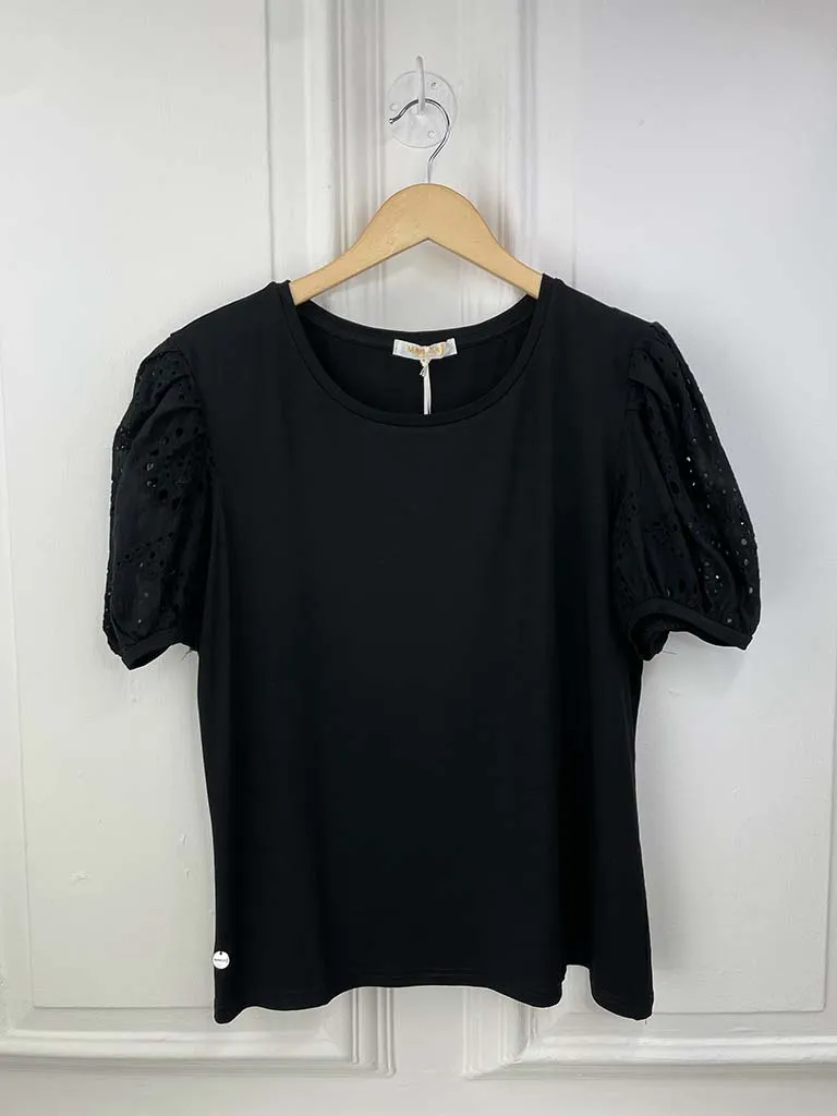 Malissa J Broderie Anglaise Balloon Sleeve Tee - Black