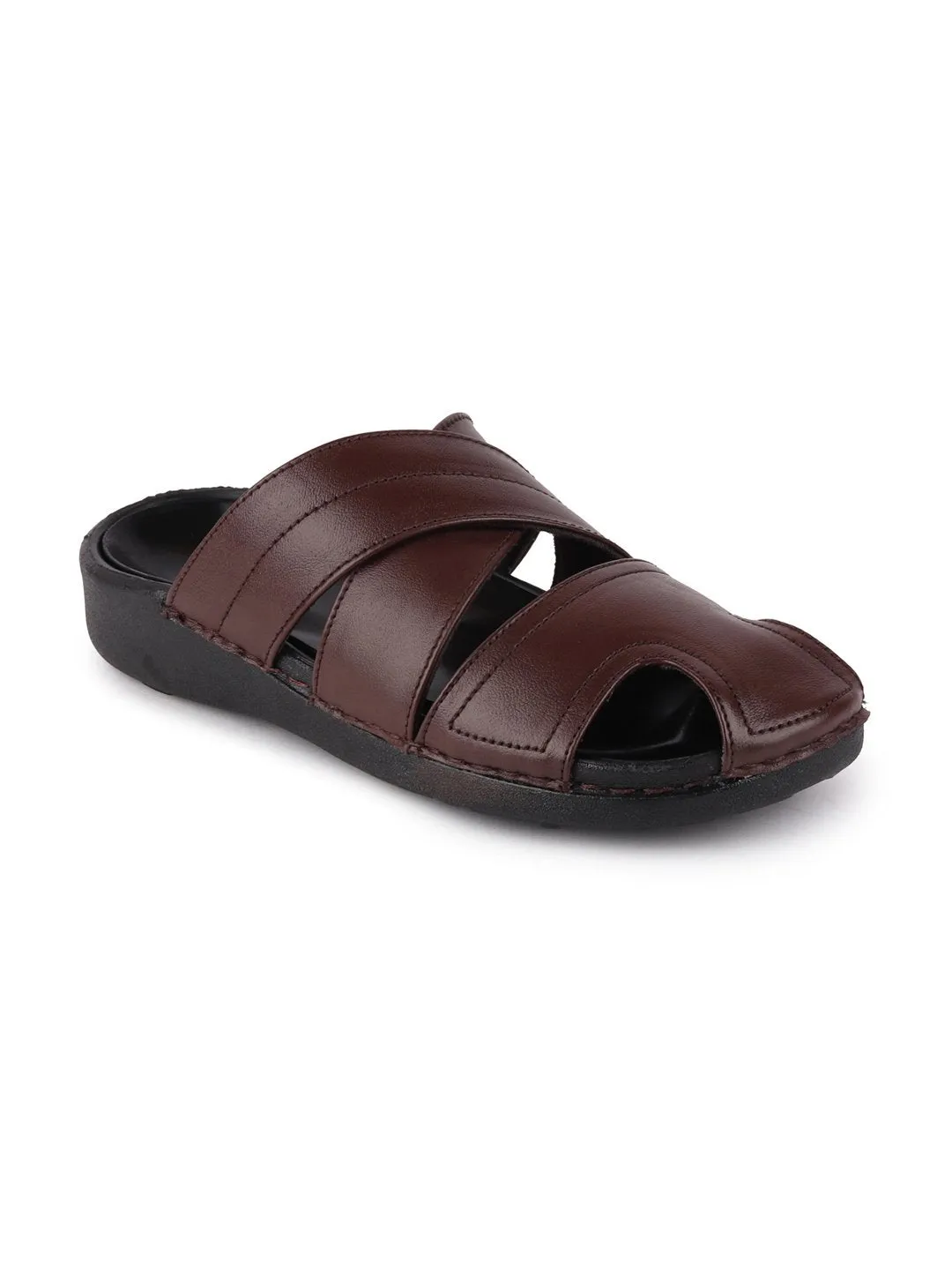 Men Brown Formal Leather Slip-On Flat Sandals