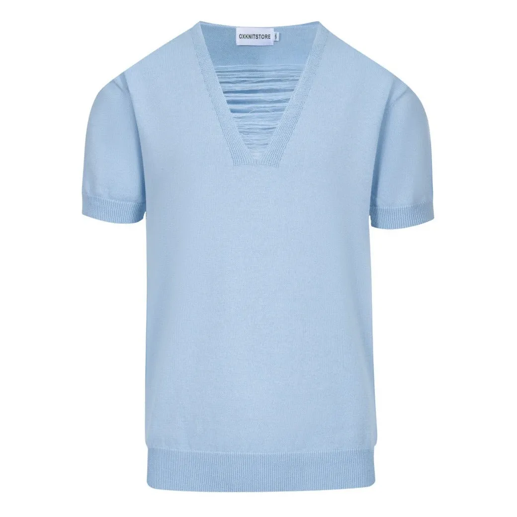 Men's blue knitted fringe washed torn T-shirt