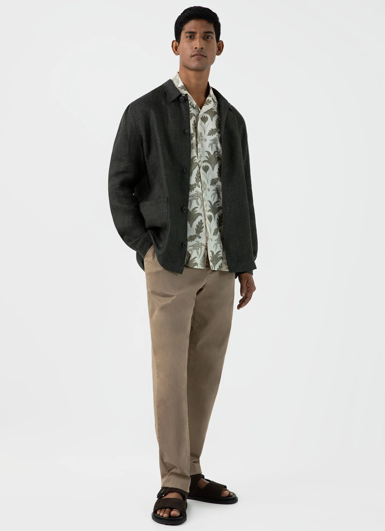 Men's Leaf Print Camp Collar Shirt in Ecru