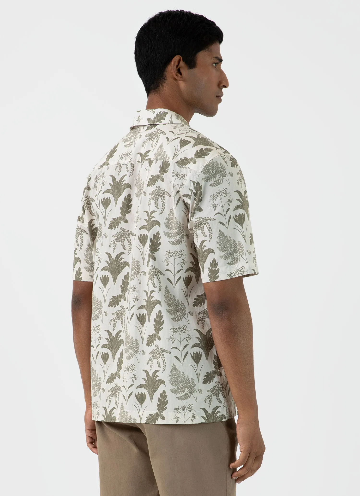 Men's Leaf Print Camp Collar Shirt in Ecru