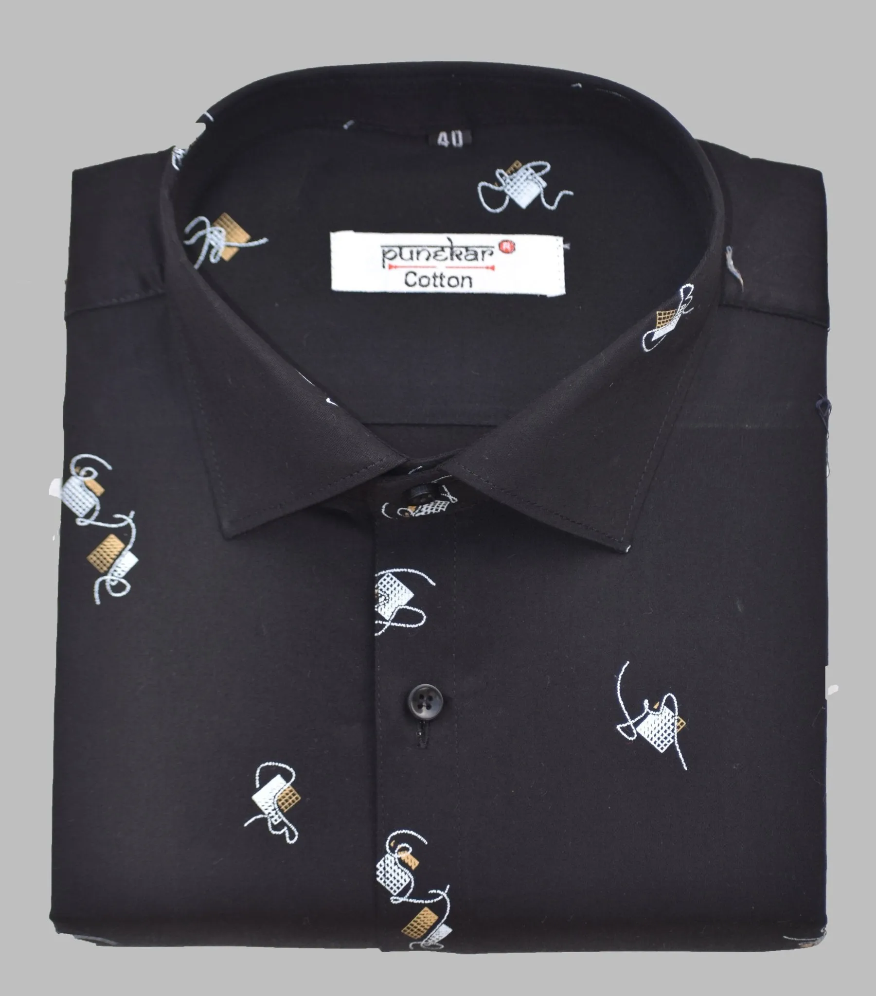 Punekar Cotton Printed Black Color Pure Cotton Handmade Shirt For Men's.