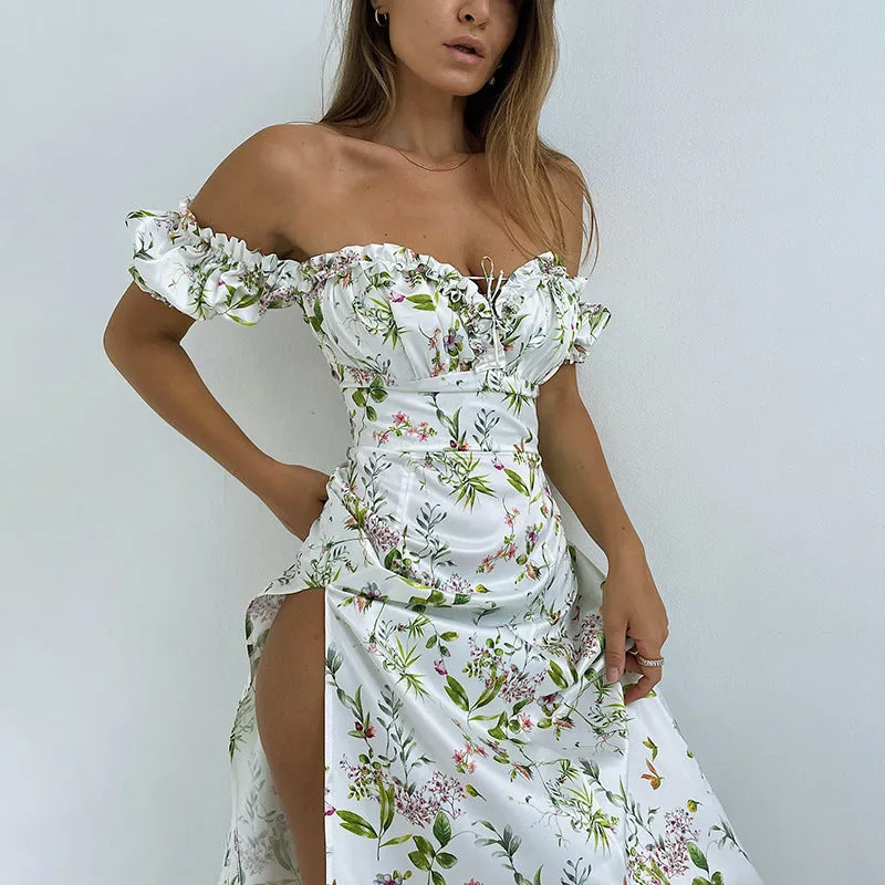 Qy21251kj Printed Summer 2024 Floral Dress Tube Top Split Slim Fit Slimming Graceful Princess Dress Women