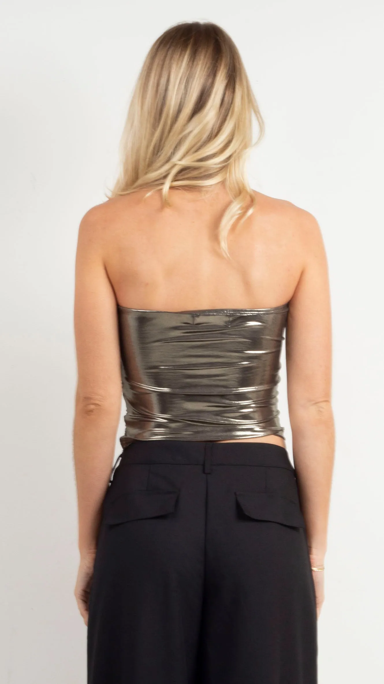 Ruched Metallic Tube Top - Dark Silver