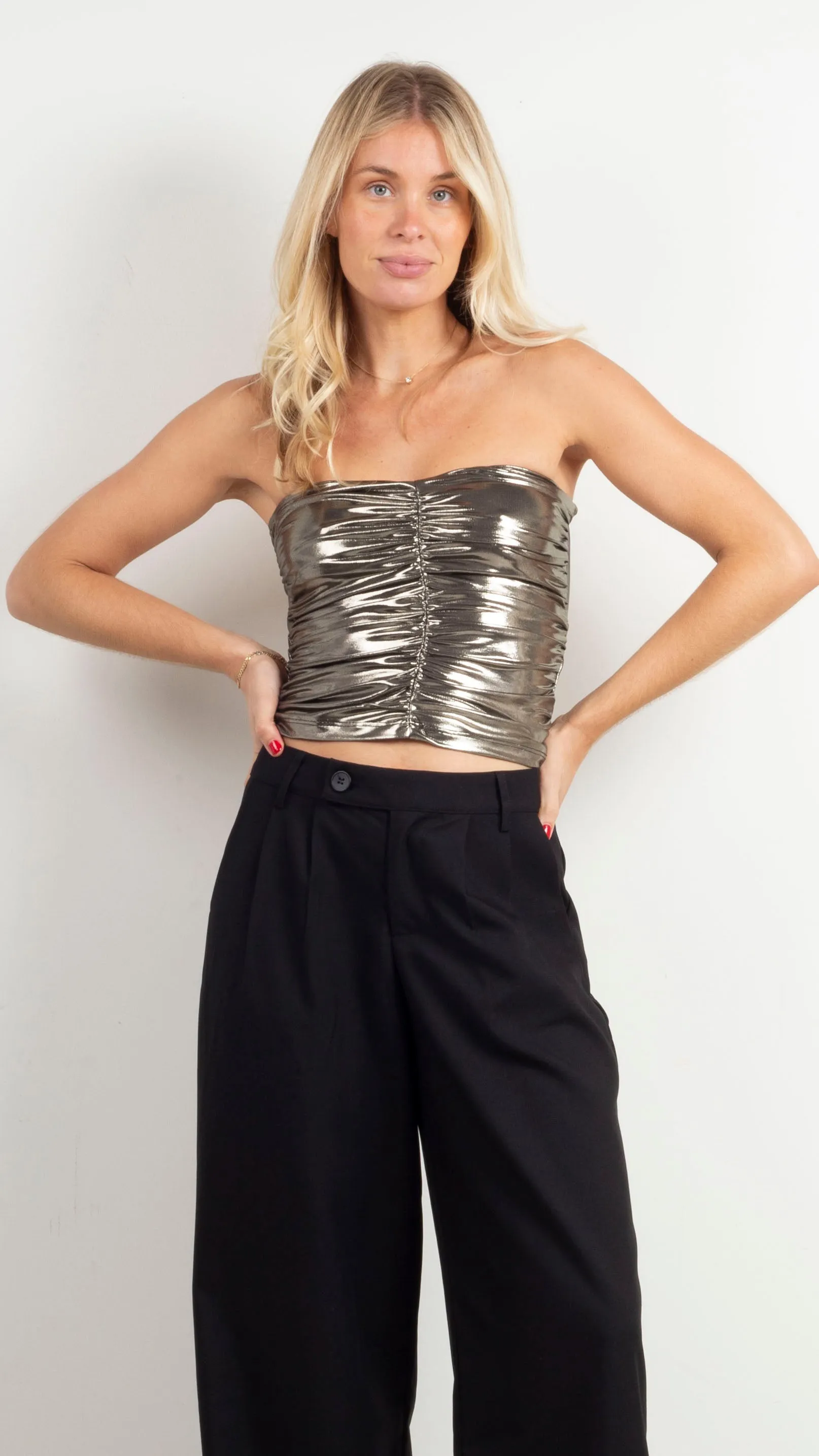 Ruched Metallic Tube Top - Dark Silver