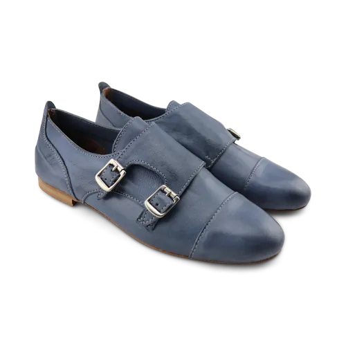 Scarpe doppia fibbia in pelle color jeans