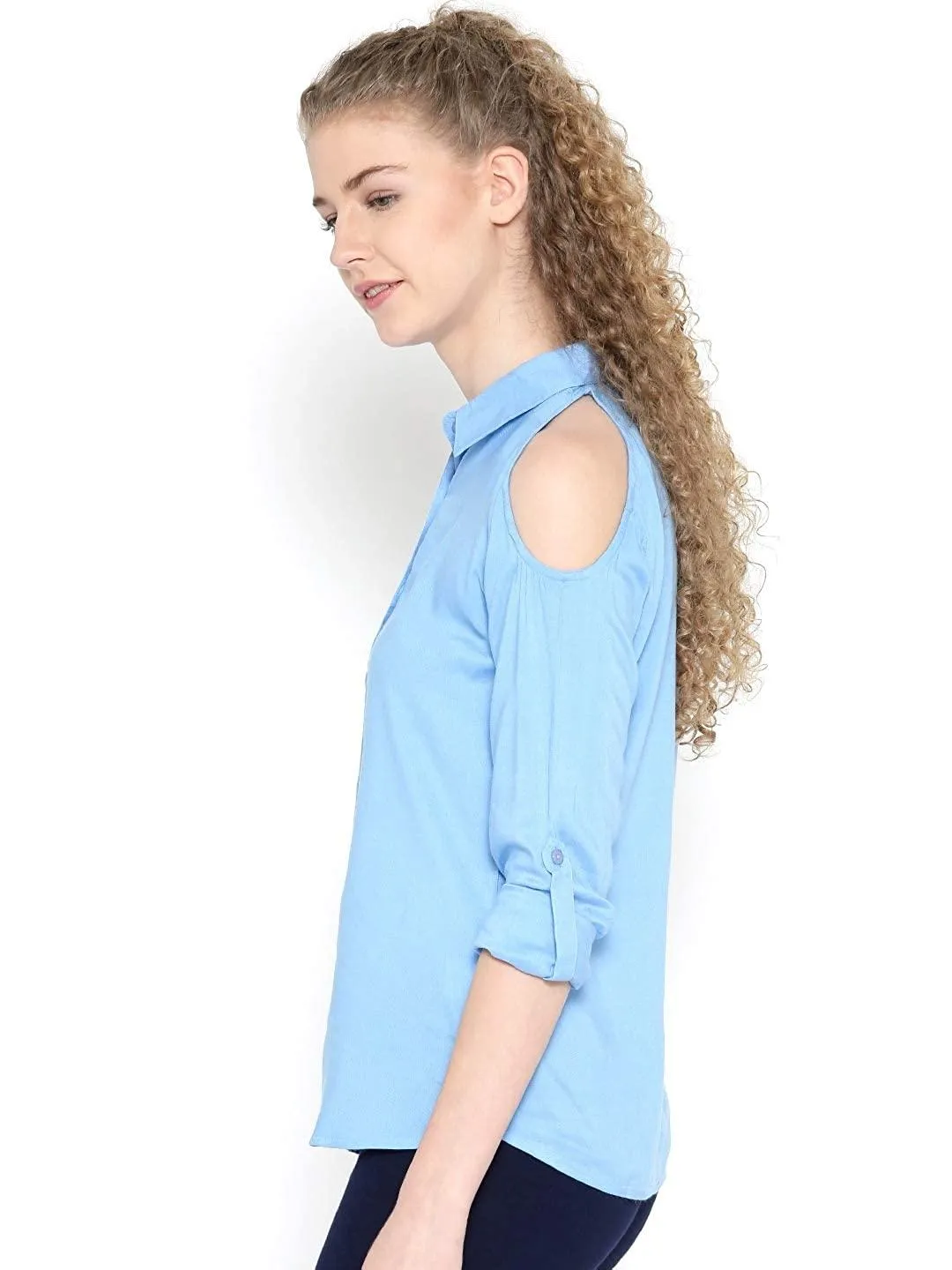 Style Quotient Women Blue Spread Collar Solid Fashion Shirts