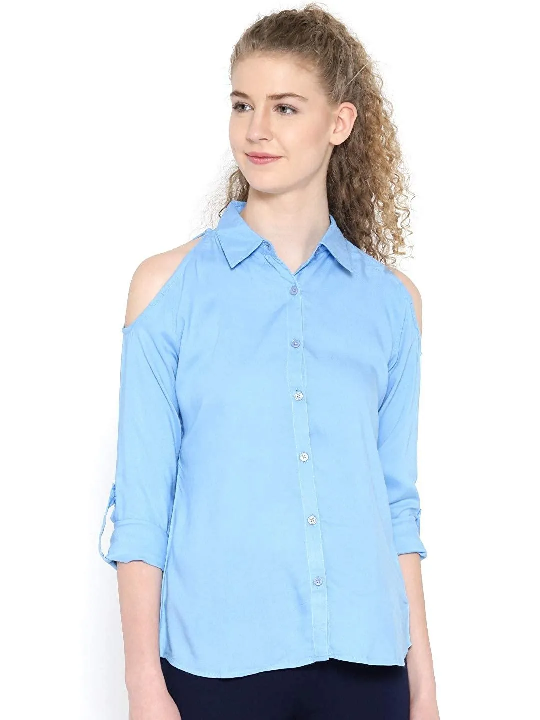 Style Quotient Women Blue Spread Collar Solid Fashion Shirts