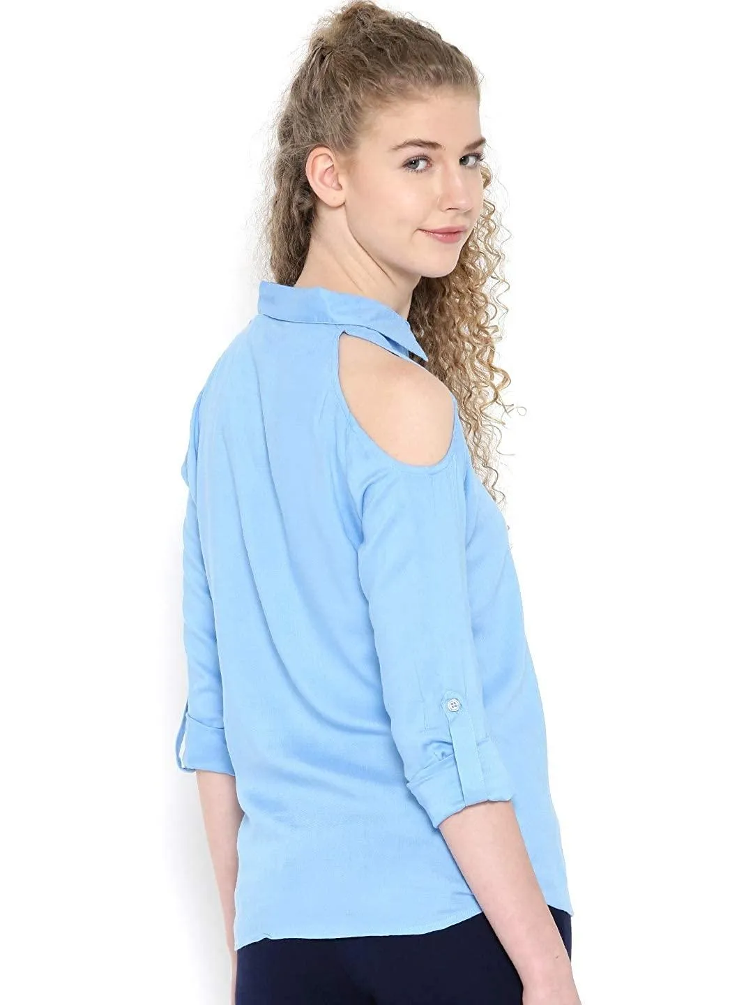 Style Quotient Women Blue Spread Collar Solid Fashion Shirts