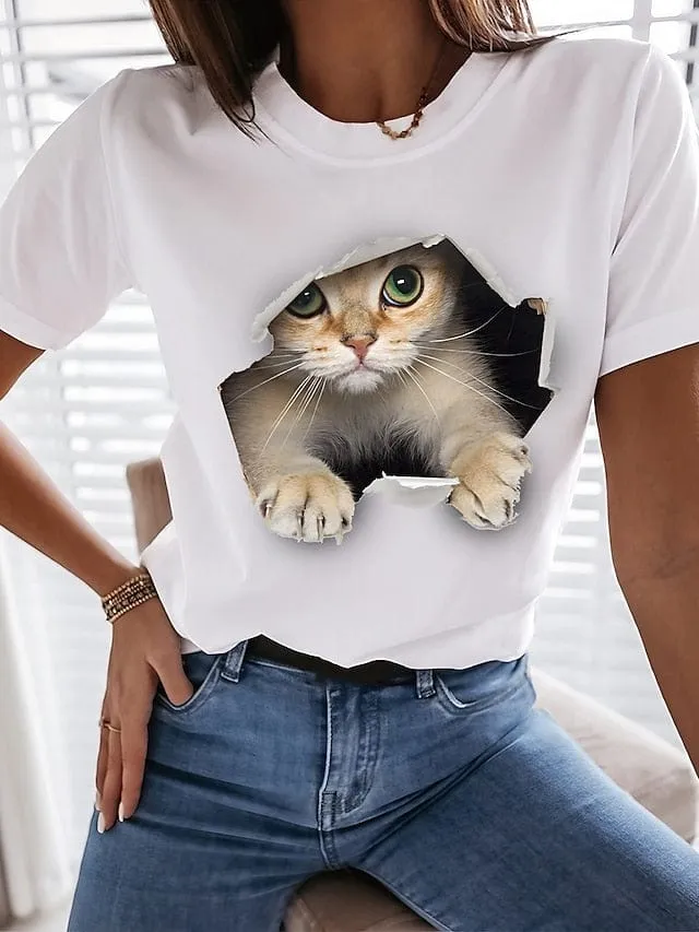 Upgrade Your Casual Wardrobe with Women's 100% Cotton Funny Cat Print Tee Shirt