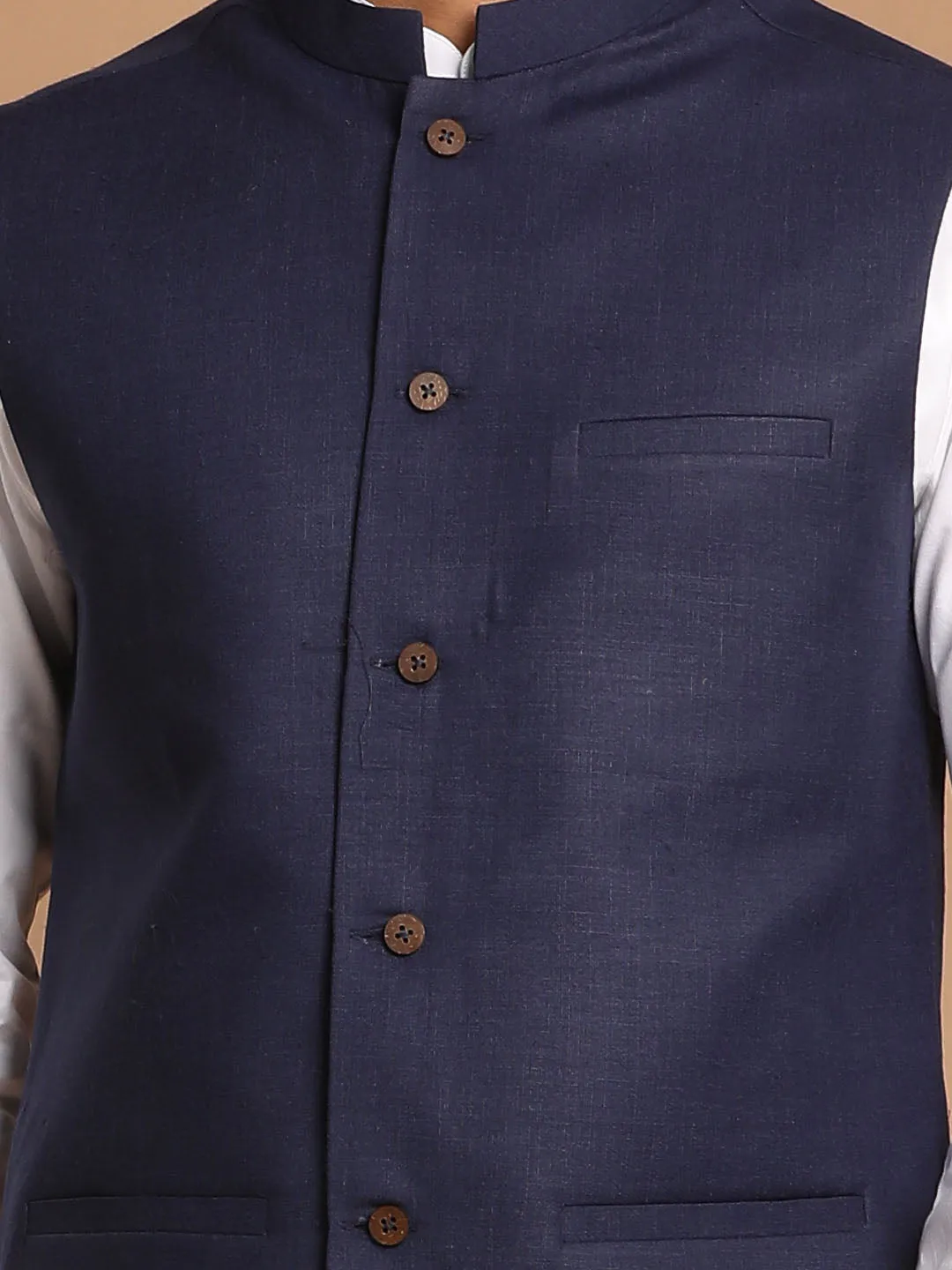 VASTRAMAY  Navy Blue Cotton Blend Nehru Jacket