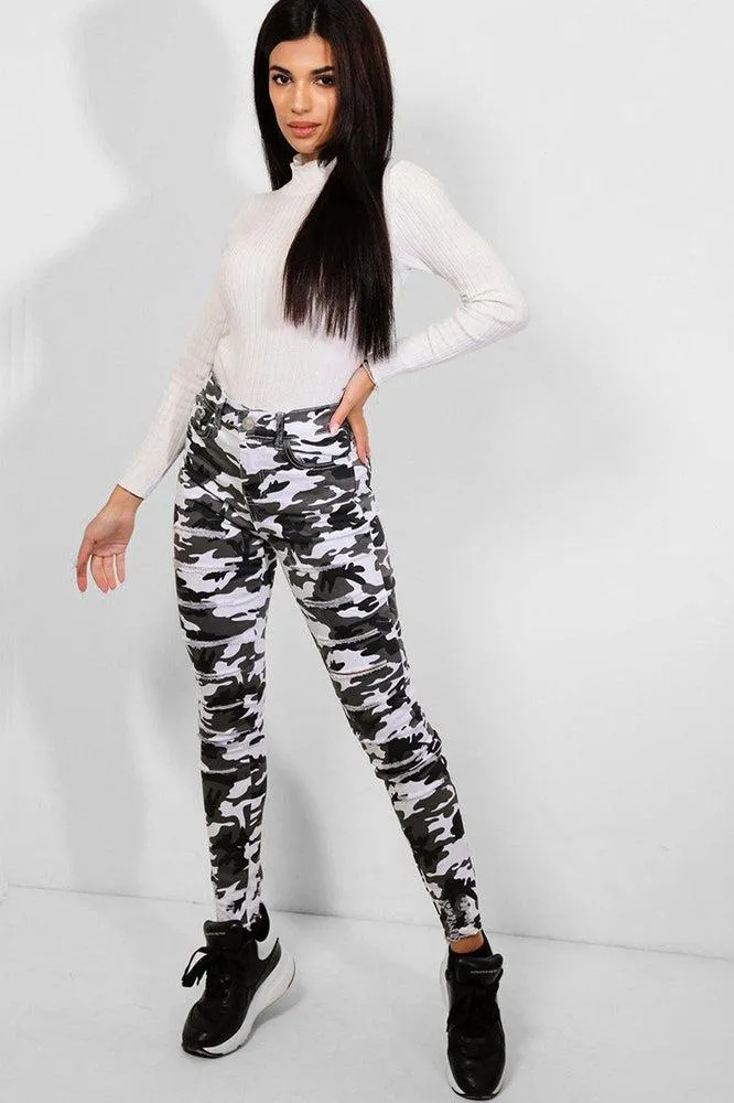 White Camouflage Print Distressed Skinny Jeans