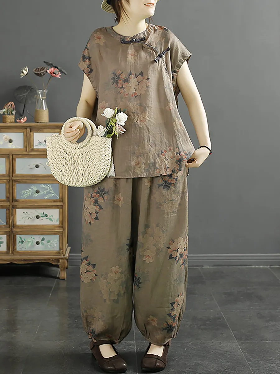 Women Ethnic Summer Floral Buckle 100%Ramie Shirt KL1007