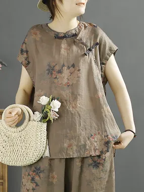 Women Ethnic Summer Floral Buckle 100%Ramie Shirt KL1007