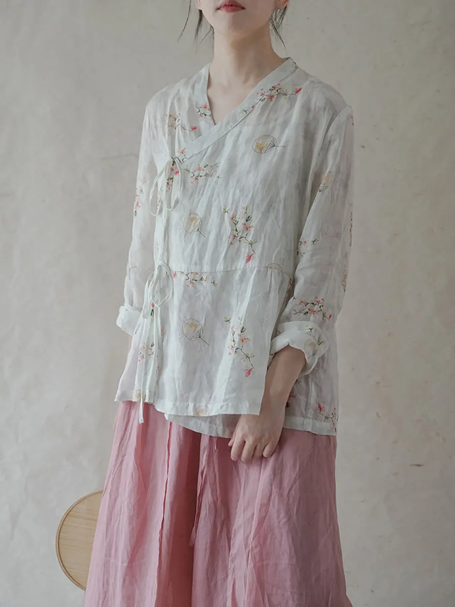 Women Retro Style Flower Drawstring Loose Shirt