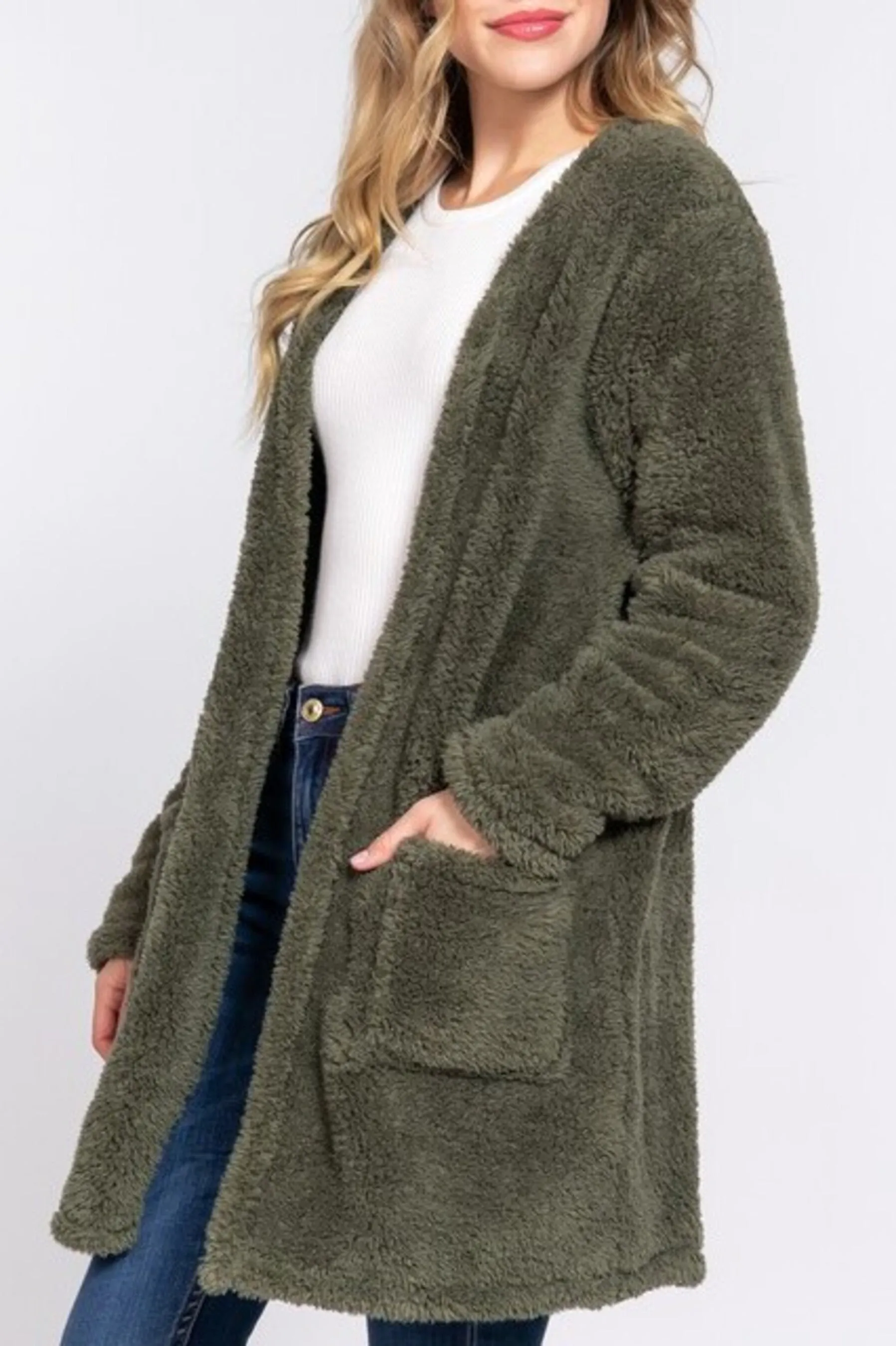 Women's Long sleeve open front with pocket sherpa jacket